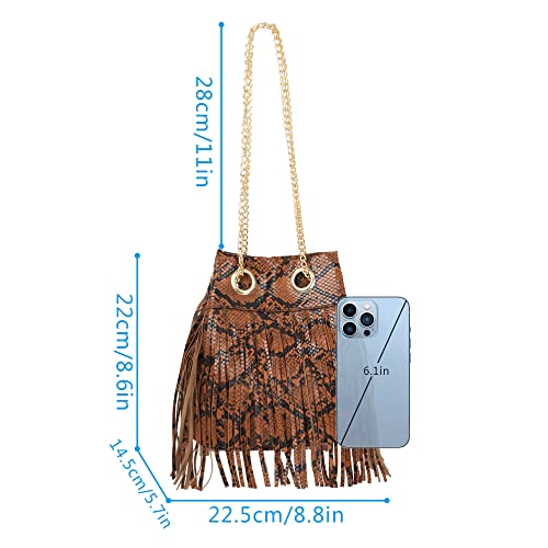 Felite Fnn Vintage Snake Print Bucket Bag for Women, Adjustable Chain Strap Crossbody Purse, Boho Chic Small Shoulder Bag3