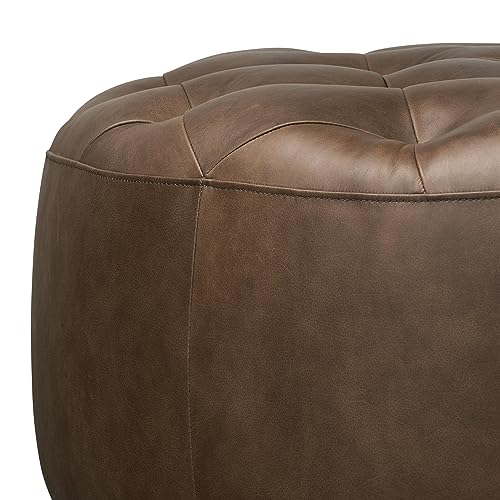 Image of Poly & BARK Ascot Ottoman - 40 inch Round Pouf with Feather-Down Topper - Full-Grain Leather Upholstered Pouf Ottoman for Living Room - Vintage Italian Leather in Cocoa Brown