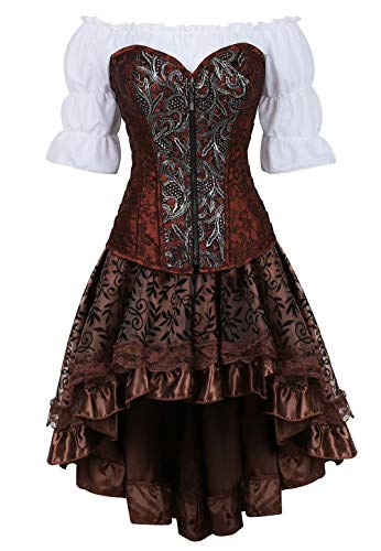 Jutrisujo Steampunk corsagenkleid leder Corsage kleid korsett piraten rock Kostüm piraten Spitzenrock und Bluse Halloween Braun L Cover