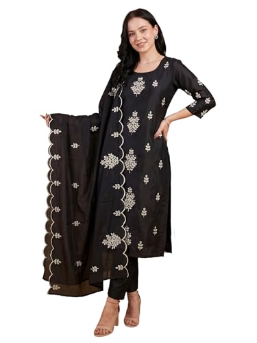Image of INDO ERA Women's Black Silk Blend Embroidered Mirror Work Kurta & Pant with Dupatta Set (IEDDAI484)