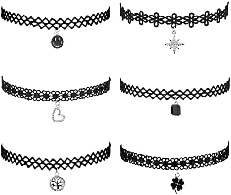 Errally Black Choker Necklace for Women Halloween Goth Lace Collar Chokers Victorian Wedding Party Cosplay Sexy Elegant Womens Jewelry Sets(6 pcs)