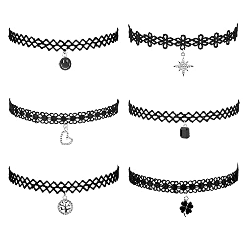 Errally Black Choker Necklace For Women Halloween Goth Lace Collar Chokers Victorian Wedding Party Cosplay Sexy Elegant Womens Jewelry Sets(6 Pcs) #TOP2