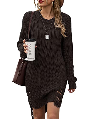 Zilcremo Women Oversized Loose Long Pullover Sweater Dress Winter Knit Ripped Jumper Tops Black L