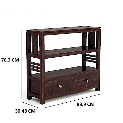 Image of Solid Sheesham Wood Console Table for Living Room | Entryway Hallway Sofa & Fish Tank Table with 2 Drawers & Shelf Storage | Rosewood Walnut Finish