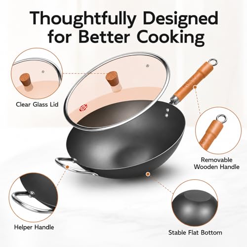 Image of WANGYUANJI 13.4 Inch Carbon Steel Wok Pan with Glass Lid, Flat Bottom Chinese Stir Fry Wok for Induction, Gas and Electric Stoves, Uncoated Iron Wok for Stir Frying, Sauteing and Deep Frying