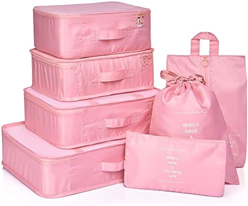 CaweyLife 7 Pcs Set Packing Cubes Traveling Luggage Organizers Pack Bags for 24in Suitcase Travel Accessories (7 Pcs, Pink) 1 CaweyLife 7 Pcs Set Packing Cubes Traveling Luggage Organizers Pack Bags for 24in Suitcase Travel Accessories (7 Pcs, Pink)