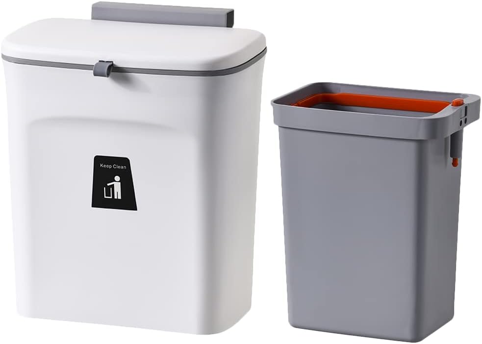 Kitchen Hanging Trash Can 9L With Built-In Trash Bin For Cleaning With Lid No Handle, Garbage Can Home Waste Bin Domestic Rubbish Bin White