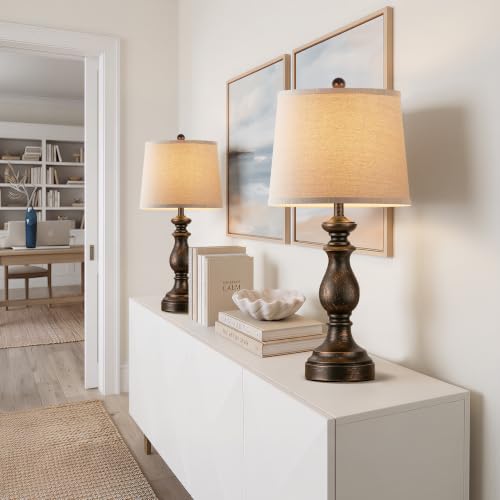 Image of PARTPHONER Traditional Table Lamp Set of 2, Rustic Farmhouse Table Lamps for Living Room Bedroom, 27 inch Bedside Desk Lamps Vintage Nightstand Lamps with Linen Shades, Oil Rubbed Bronze
