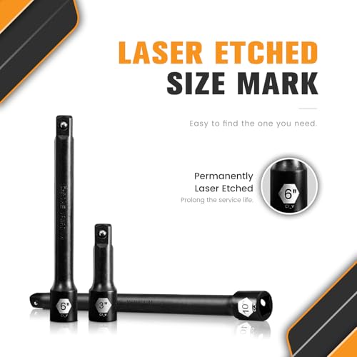 Image of 3 /8-Inch Drive Impact Extension Bar Set | 3 Piece Socket Extensions 3 inch 6 inch & 10 inch Length | Premium Cr-V Steel with Black Phosphate Finish