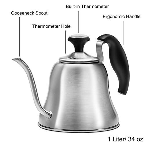 Chefbar Tea Kettle with Thermometer for Stove Top Gooseneck Kettle, Small Pour Over Coffee Kettle, Goose Neck Tea Pot Stovetop Teapot, Hot Water Heater for Camping, Home & Kitchen, Stainless Steel