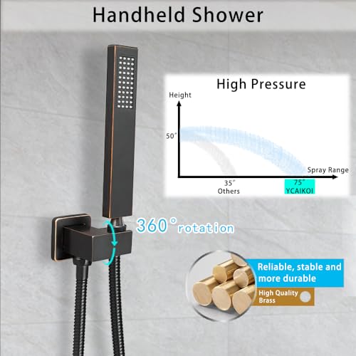Image of Oil Rubbed Bronze Shower System YCAIKOI Wall Mount Shower Faucet Set for Bathroom 10 Inch High Pressure Luxury Shower Head with Handheld, Rough-in Valve Body and Trim Included