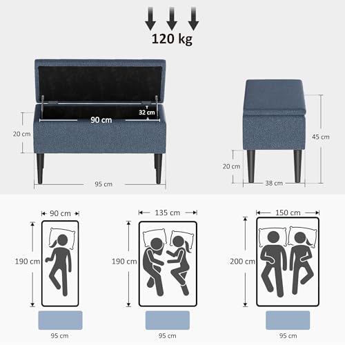 HOMCOM Puff Almacenaje, Banco Almacenaje Plegable, Capacidad de 57 L, 95x38x45 cm, Tapizado en Borreguito, Pie de Cama con Tapa Abatible y Patas de Madera, para Salón, Dormitorio, Entrada, Azul - imagen 3