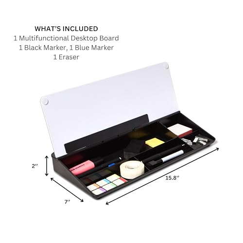 Image of GAROOD Desktop Dry Erase Board with Storage (Black Base) Desk White Board Desk Board Glass Desktop White Board with Stand Home Office Organizer Phone Holder 15.8X7X2 inches