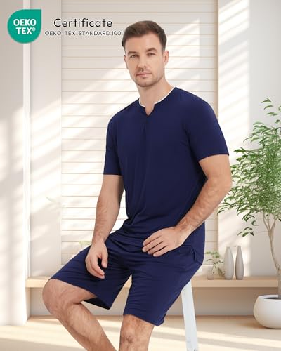 Image of NACHILA Pajamas Set for Men-Viscose Made from Bamboo, Short Sleeve Sleepwear Soft Pj with Shorts Cool Loungewear