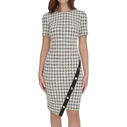 Image of Tommy Hilfiger Women's Short Sleeve Jewel Neck Colorblock Studded Asymmetrical Hem Crepe Mini Dress