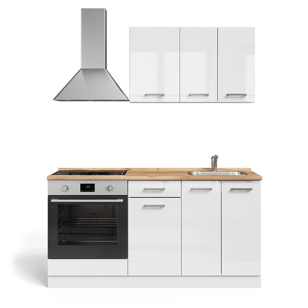 Vicco Cucina completa R-Line, Bianco lucido/bianco, 160 cm con colonna forno senza piano di lavoro, predisposto per l'integrazione di elettrodomestici e lavello