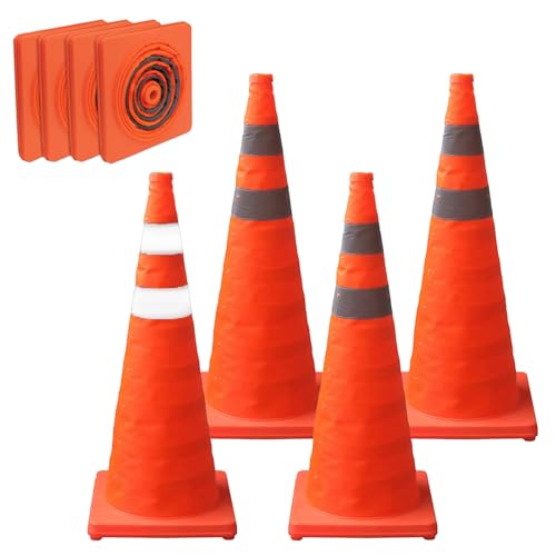 BRGD 4 Piezas Conos de Seguridad Vial Plegables, Plegable Cono de Tráfico Pop Up con Banda Reflectante para Obras, Aparcamientos y Señalización Deportiva