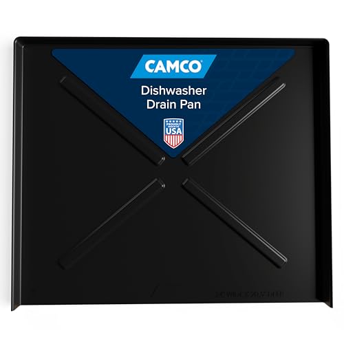 Camco Dishwasher Drain Pan | Protects Floors Cabinets Walls & Features Front Opening for Easy Leak Detection | Crafted of Heavy-Duty Polymer | Black 23-5/8 x 20-1/2 (20602)