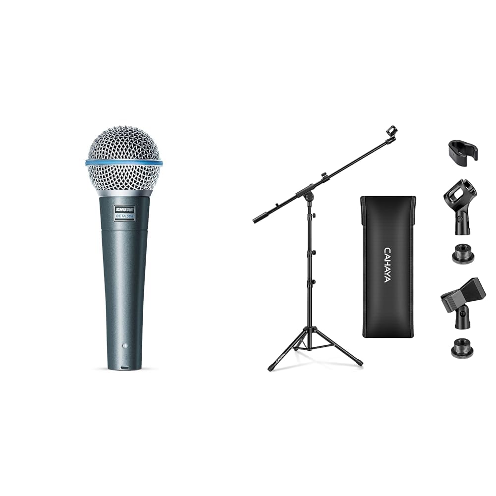 Shure Beta 58A Microphone Vocal - Micro Dynamique Supercardioïde à Un Élément & CAHAYA Pied de Microphone au Sol Mobile 2 en 1 Trépied en Métal avec Deux Clips Différents Réglable