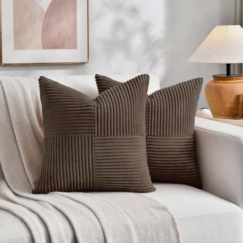 Image of Fancy Homi 2 Packs Dark Brown Big Decorative Throw Pillow Covers 24x24 Inch for Living Room Couch Bed, Farmhouse Boho Home Decor, Soft Corss Corduroy Patchwork Accent Square Cushion Case 60x60 cm