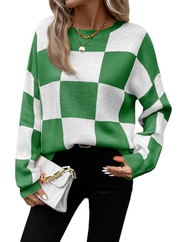 Image of SHENHE Women's Checkered Color Block Oversized Sweater Plaid Crew Neck Drop Shoulder Pullovers