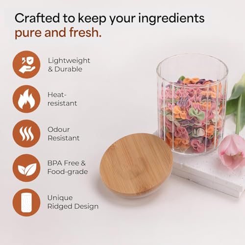 Image of MARTVIA Glass Food Storage Jars With Bamboo Lids 650Ml Set of 4,Wide Mouth Lid Jar For Home Kitchen,Flour,Sugar,Coffee,Pasta,Oats,Grains,Cookies,Snacks (Lining),Transparent