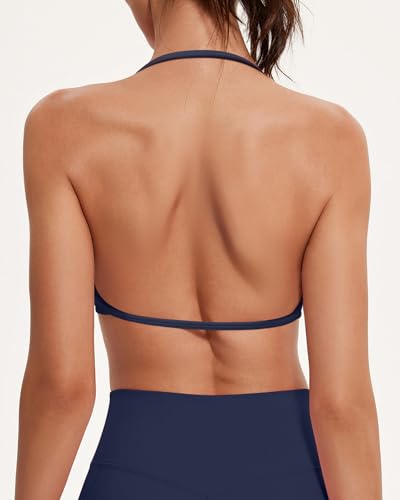 Image of OMKAGI Halter Sports Bras for Women Padded Strappy Bra Open Back Workout Gym Crop