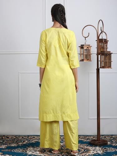 Image of Women's Lucknowi Chikankari Handwork Cotton Kurti, Palazzo and Dupatta Set