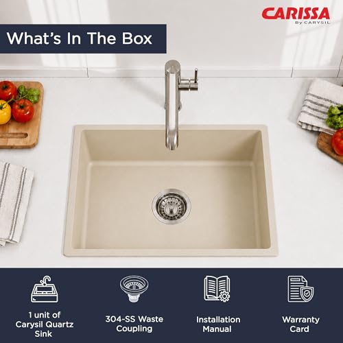 Image of Carissa By Carysil Titanium Max Plus Quartz Kitchen Sink 24 x 18 x 8 inches, Single Bowl Granite Sink with 80% Quartz & 20% Resin, Heat Resistant 300C, 50kg Load Bearing, Stain Resistant - Off White