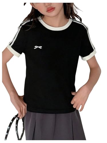 Verdusa Girl's Bow Print T Shirt Round Neck Short Sleeve Summer Going Out Tops