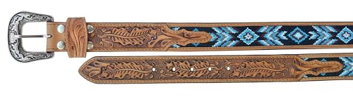 Western 1-1/2" Wide Tapered Oak Leaf Tooled Beaded Leather Belt 26RS462
