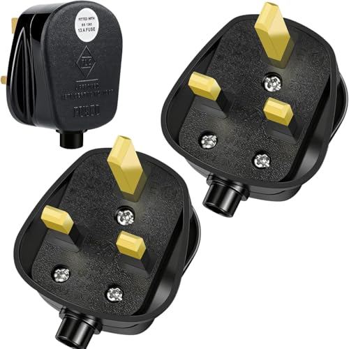 Purfex 2PCS Fused 13A UK Plug Top 3-Pin British Connector Safe Durable Electric Plug Pure Copper Pins 250V 13A Adapter for Home Office Workshop & Travel (Black)