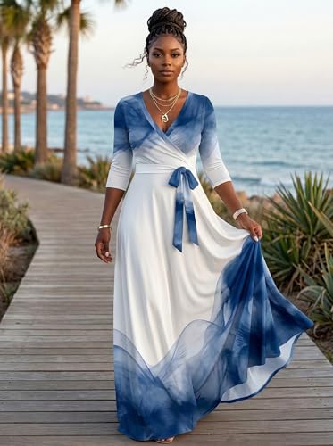 Image of PinkPatty Plus Size Maxi Dresses for Women Casual Flowy Long Dress 3 /4 Sleeve V Neck Wrap Dress with Belt