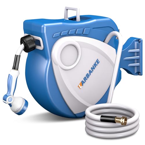 Larbanke Enrouleur Tuyau Arrosage Mural, 30 m,Dévidoir de Tuyaux d'Eau avec Support Pivotant 180°,avec trous de drainage au fond, Buse à 10 Modes, Verrouillable,...