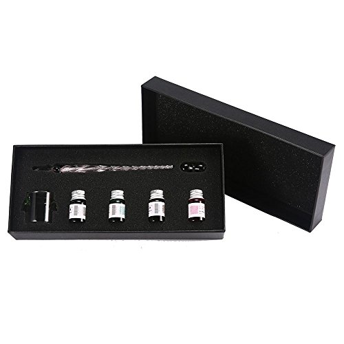 Glass Dip Pen, Aolvo 1pcs Glass Signature Pen Crystal Dip Sign Elegant Pen with 4pcs Calligraphy Ink for Writing Decoration Gift -Five Color Available (Type 2)