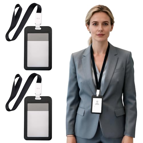 Porta Tarjetas Identificativas Retráctil - Pack de 2 Unidades con Cordón Desmontable, Negro 110x70mm, Ideal para Oficina, Eventos, Conferencias y Uso Diario para Adultos y Estudiantes