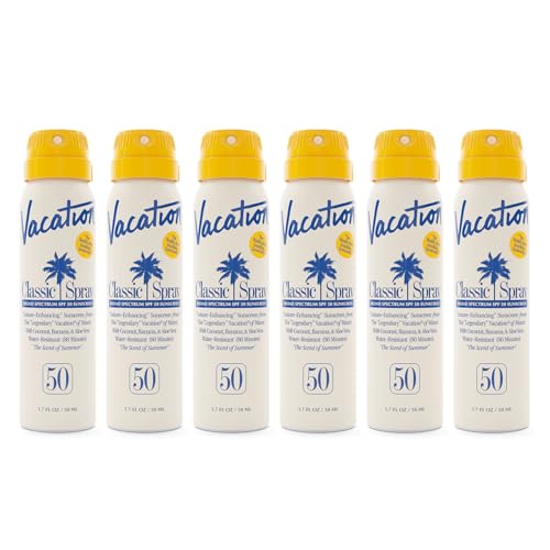 Vacation Mini Classic Sunscreen Spray SPF 50, Water-Resistant, Mini Sunscreen Bulk Party Favor, Sunblock Travel Size, TSA Suntan Lotion for Carry On, 1.7 Fl. Oz. (Value Pack of 6)