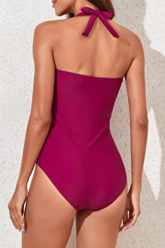 Image of Smismivo Tummy Control Swimwear Halter One Piece Slimming Vintage Retro Swimsuit Womens Ruched Push Up Bathing Suit