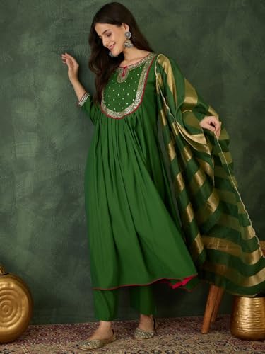 Image of Naixa Women's Chanderi Embroidered Flared Kurta with Pant and Dupatta Sets (NX-762)