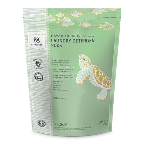 Grab Green Newborn Baby Laundry Detergent Pods, 30 Loads, Fragrance Free, Mineral Based, Non-Toxic, Stain Remover