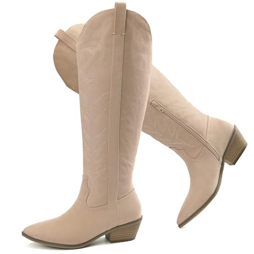 Bigwow Women's Western Cowboy Knee-High Boots Suede Embroidery Pointed Toe Tall Boots Side Zipper Low Chunky Heel Long Boots for Ladies2