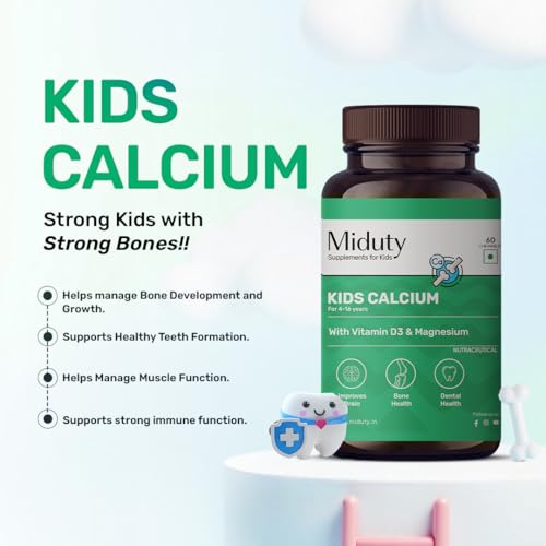 Miduty Kids Calcium - Vitamin D3, K2 & Magnesium - Strong Bones & Teeth - Mint-Flavored, Sugar-Free Calcium Supplement for Active & Picky Eaters - 60 Chewables