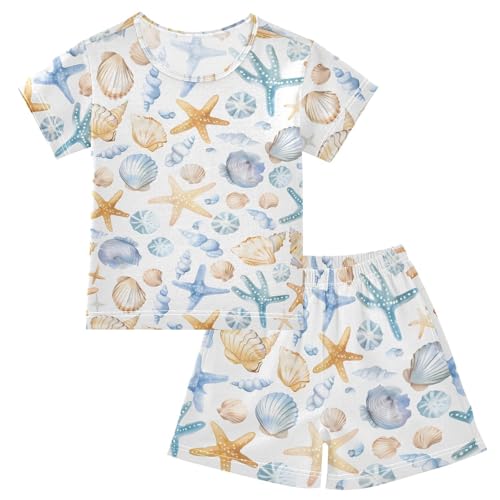 ALAZA Cute Seashell Starfish White Pajamas Short Sleeve 2 Piece Sleepwear Top and Bottom Pajama Set Unisex