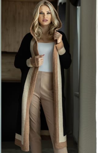 Image of utcoco Women's Oversized Hooded Cardigan Sweaters Color Block Open Front Long Sweater Coat Outwear with Pockets