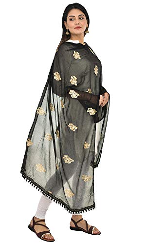 Image of YOUTHQUAKE Golden Patti Embroidered Work Chiffon Dupatta for Womens & Girls with Jaalar Lace