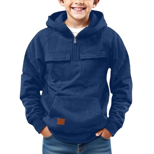 Boys Fleece Hoodies Half Zipper Winter Warm Front Pockets Cargo Hoodie Coats Youth Kids Plain Thick Long Sleeve Jackets