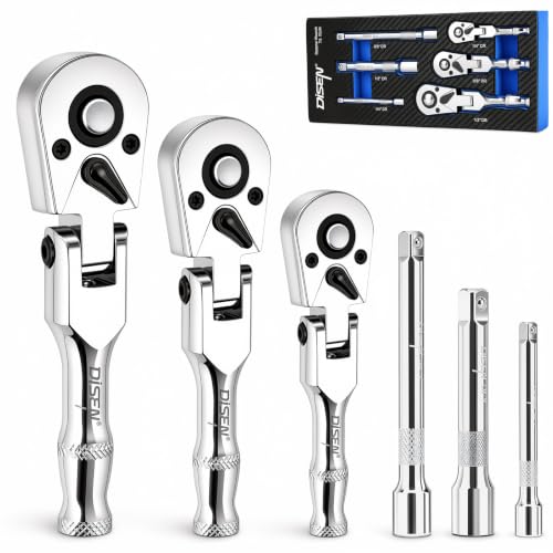 DISEN 6PCS Flex-Head Stubby Ratchet Set – 1/4", 3/8", 1/2" Drive Ratchet
