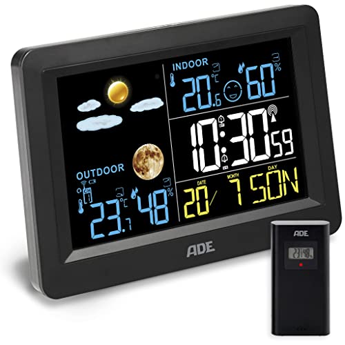 ADE Funkwetterstation mit Außensensor | Hygrometer mit Schimmelindikator | Thermometer für innen und außen | animierte Wettervorhersage | Wecker mit 2 Weckzeiten | schwarz