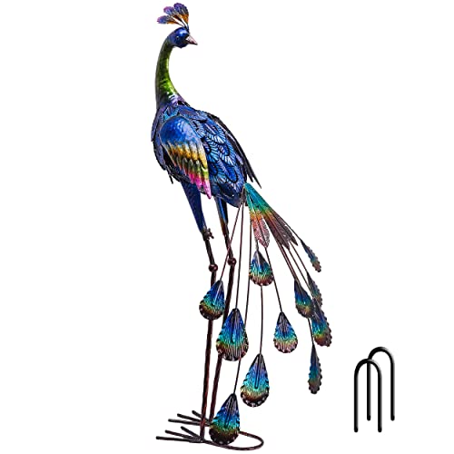 Teresa's Collections 35 Inch 3D Peacock Decor Garden Sculptures & Statues, Large Metal Yard Art For Outdoor Outside Backyard Porch Patio Home Decorations Blue Lawn Ornaments #TOP10