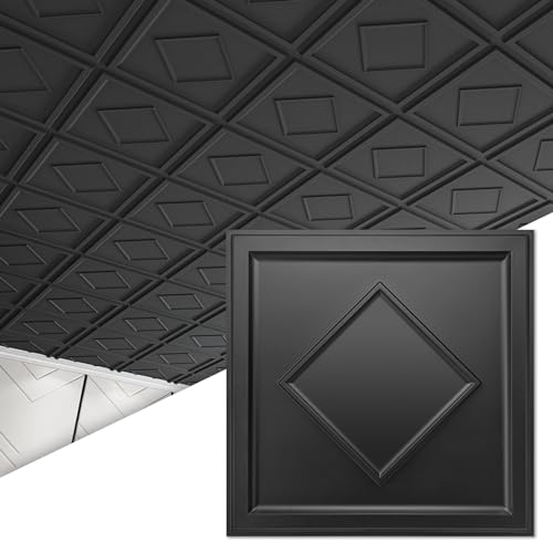 Art3d Decorative Drop Ceiling Tiles 2x2, Glue up Ceiling Panel Square in Black, Pack 12 Tiles